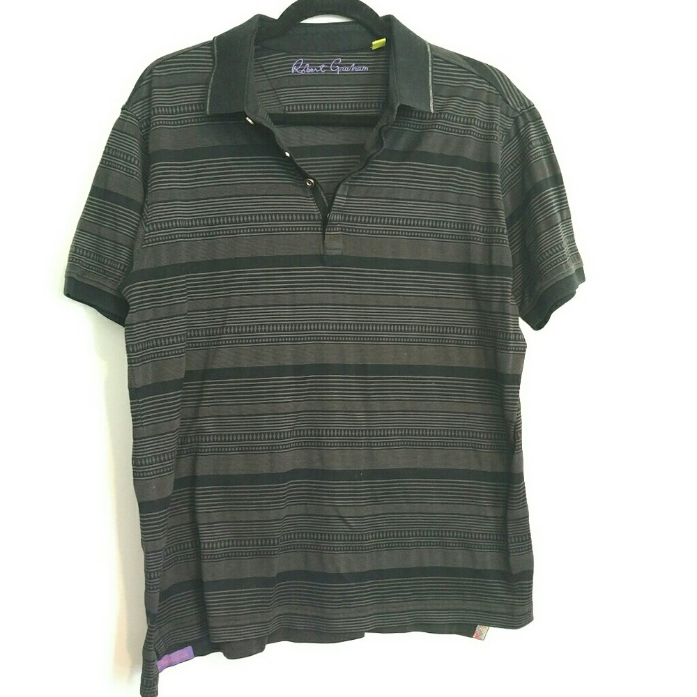 Robert Graham Mens Medium Polo Shirt Stripe Black Soft